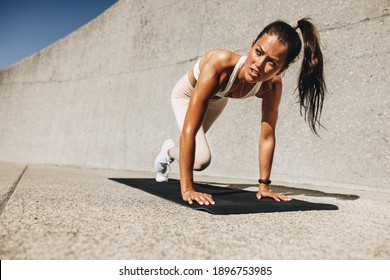 Healthy woman doing mountain climbers exercise. Female in sportswear exercising on a mat outdoors.