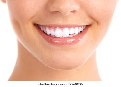 Healthy woman teeth and smile. Isolated over white background.