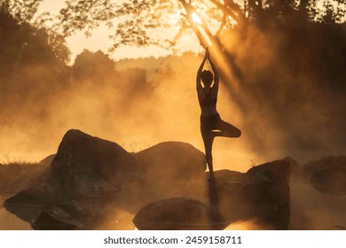 Healthy Yoga woman lifestyle balanced practicing meditate and energy yoga on the bridge in morning and sunset outdoors nature. Healthy life Concept
 - Powered by Shutterstock