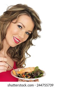 Healthy Young Woman Eating Salmon With Mixed Bean Salad