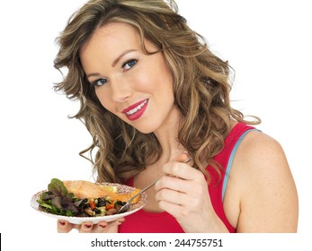 Healthy Young Woman Eating Salmon With Mixed Bean Salad