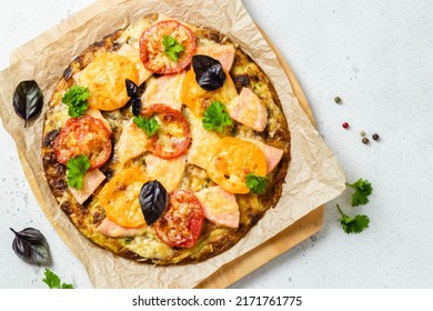 Healthy Zucchini Crust  Pizza. Top View, Flat Lay, Copy Space.