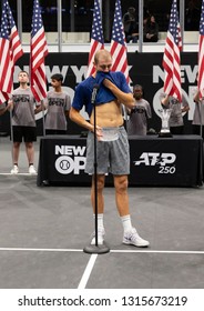 Heampstead, NY - February 17, 2019: Brayden Schnur Of Canada Emotional Speach After Loosing To Reilly Opelka Of USA At Final Of New York Open ATP 250 Tournament At Nassau Coliseum