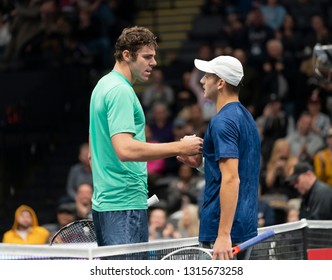 Heampstead, NY - February 17, 2019: Reilly Opelka Of USA And Brayden Schnur Of Canada Greet After Final Of New York Open ATP 250 Tournament At Nassau Coliseum