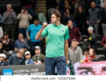 Heampstead, NY - February 17, 2019: Reilly Opelka Of USA Reacts After Defeating Brayden Schnur Of Canada At Final Of New York Open ATP 250 Tournament At Nassau Coliseum