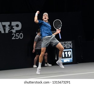 Heampstead, NY - February 17, 2019: Brayden Schnur Of Canada Reacts During Final Of New York Open ATP 250 Tournament Against Reilly Opelka Of USA At Nassau Coliseum