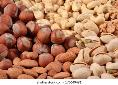 Heap of assorted nuts close up