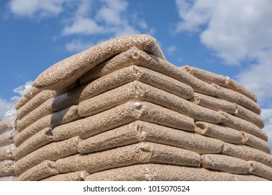 Heap of bags with wooden pellet biomass