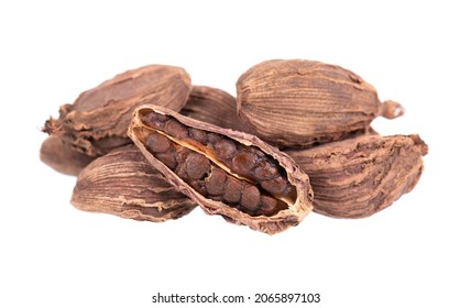 Heap Of Black Cardamom Pods Isolated On White Background. Black Cardamon Seeds. Clipping Path.