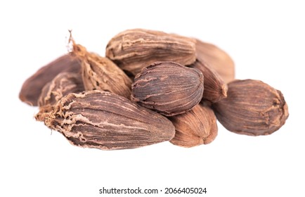 Heap Of Black Cardamom Pods Isolated On White Background. Black Cardamon Seeds. Clipping Path.