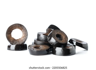 Heap Of Black Olives Slices On White Background