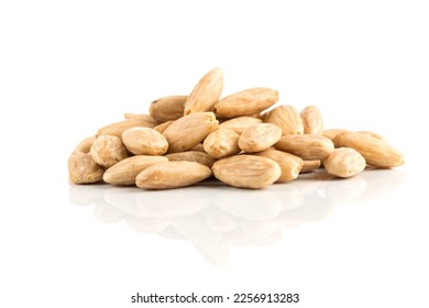 Heap of blanch almond on white background - Shutterstock ID 2256913283