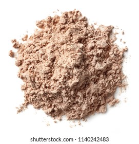 Heap Of Brown Chocolate Protein Powder Isolated On White Background. Top View