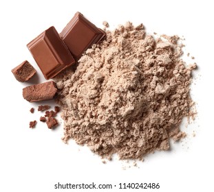 Heap Of Brown Chocolate Protein Powder Isolated On White Background. Top View