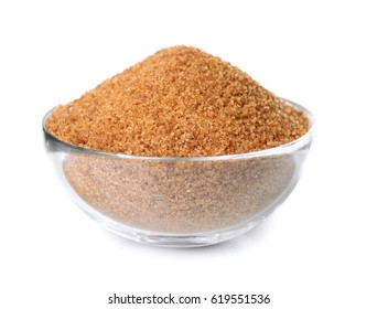 Heap Of Brown Sugar In Bowl, Isolated On White