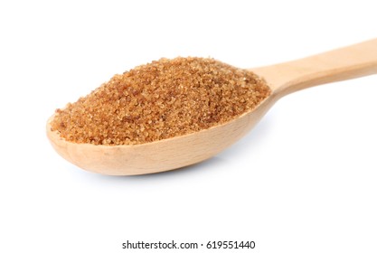 Heap Of Brown Sugar In Spoon, Isolated On White