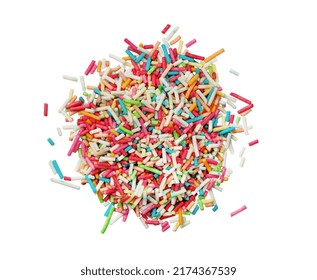 Heap Of Candy Multi Colored Sprinkles. Rainbow Coloured Sprinkles Isolated On White Background.