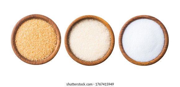Heap of cane sugar, white sugar and erythritol isolated on white  Top view. Sugar substitute and natural sugar on white background. Wooden bowl of sweetener isolated on white. Selective focus.