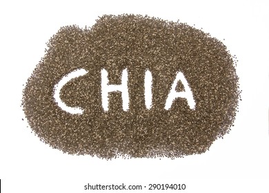 Heap Of Chia Seeds With Hand Written Name, Isolated On White Background