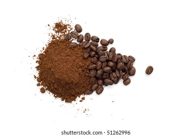 Heap of coffee beans and ground coffee