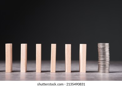 Heap Of Coins At The End Of The Domino, Fund, Reserved Money In Crisis, Stable Of Financial Status