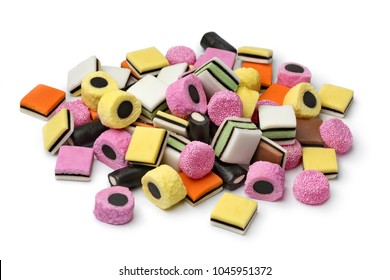 Heap of colorful Liquorice allsorts  isolated on white background