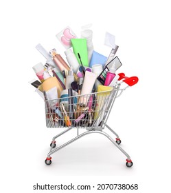 heap of cosmetic in shopping trolley isolated, cosmetic sale concept - Shutterstock ID 2070738068