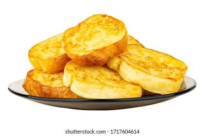 Heap Of Dairy Fried Toasts In Brown Glass Plate Isolated On White Background. Side View