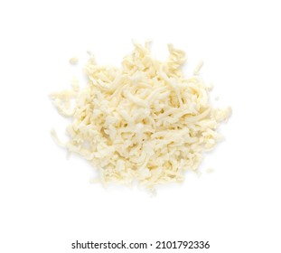 Heap of delicious mozzarella cheese on white background, top view