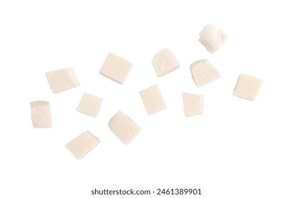 heap of diced mozzarella cheese isolated on white background with clipping path, top view
