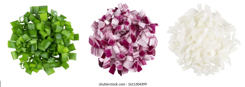 Heap of diced red, green, white onion. A set of three types. Isolate on a white background, top view. - Shutterstock ID 1611304399