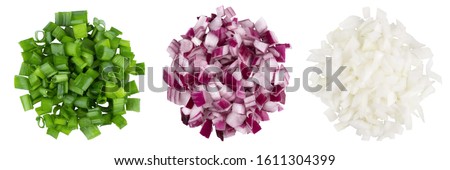 Heap of diced red, green, white onion. A set of three types. Isolate on a white background, top view.