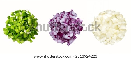 Heap of diced red, green, white onion. A set of three types. Isolate on a white background, top view