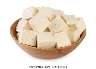 Heap of diced tofu cheese in wooden bowl isolated on white background with clipping path and full depth of field, - Shutterstock ID 1757541218