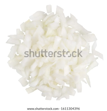 Heap of diced white onion. A set of three types. Isolate on a white background, top view.