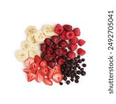 Heap of different freeze-dried fruits on white background