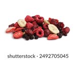 Heap of different freeze-dried fruits on white background