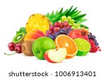 Heap of different fruits and berries isolated on white background