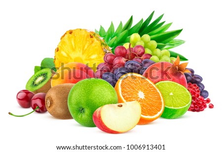 Heap of different fruits and berries isolated on white background