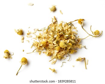 Heap Of Dried Chamomile Tea Isolated On White Background; Top View