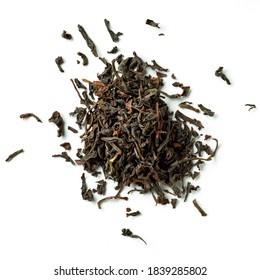 Heap Of Dried English Breakfast Black Tea Leaves Isolated On White Background; Top View