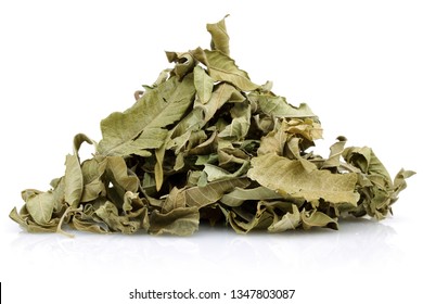 Heap Of Dried Lemon Balm Leaves Isolated On White Background