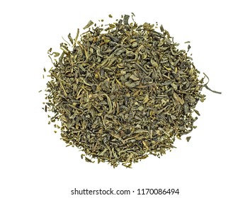 Heap Of Dry Green Tea Isolated On White Background. Top View.