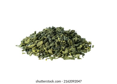Heap of dry leaf chinese green tea isolated on white background.