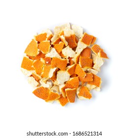 Heap Of Dry Sliced Orange Peel Isolated On White Background. Chopped Zest Photographed With Natural Light Top View