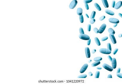 Heap of falling blue caplets on white. Diet pills and supplements. Medical background.