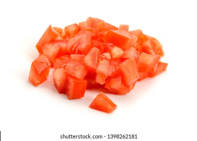 Heap Of Finely Diced Tomato On White Background.