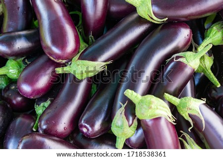 Heap of fresh eggplants in fruit vegetables street market, organic ecological food from local producers farmers close up