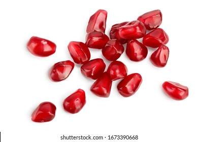Heap of fresh pomegranate seeds isolated on white background with clipping path and full depth of field. Top view. Flat lay.
