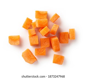 heap of fresh raw carrot cubes isolated on white background, top view - Shutterstock ID 1873247968
